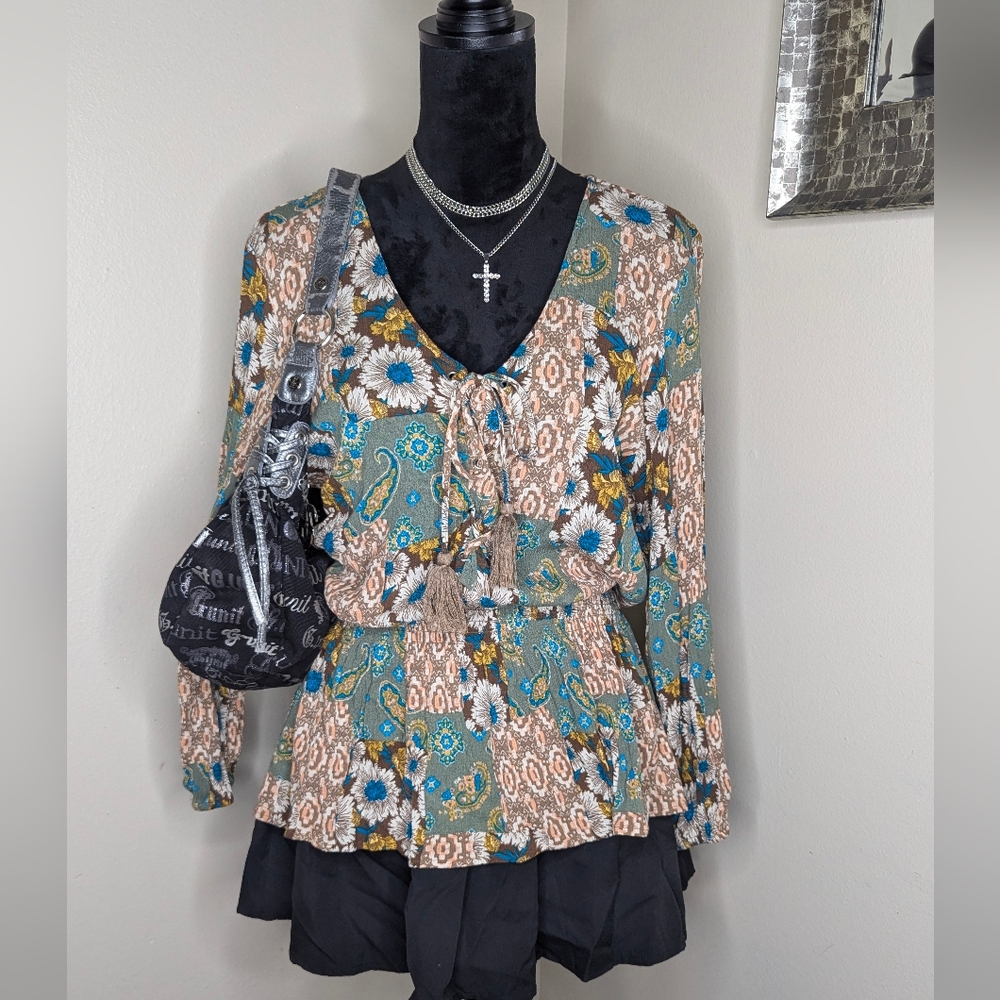 Cato Green Brown Cream Paisley Top Large